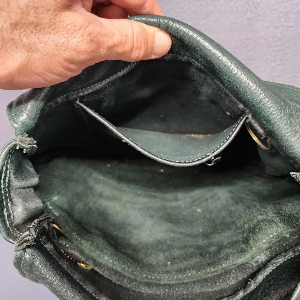 Leather Shoulder Bag Womens Dark Green Flap Pocket Zip Compartments Medium Purse